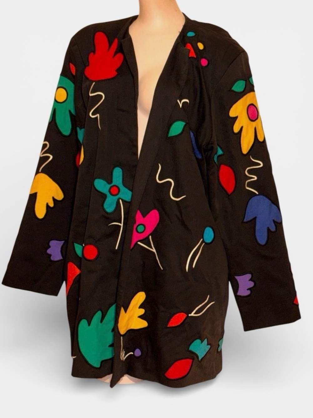 Vintage Girasol Mexican Folk Art To Wear Black W/ Floral Open Front Jacket Sz L